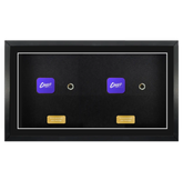 Two purple and gold objects in a black display case with 'Cheevo' branding.